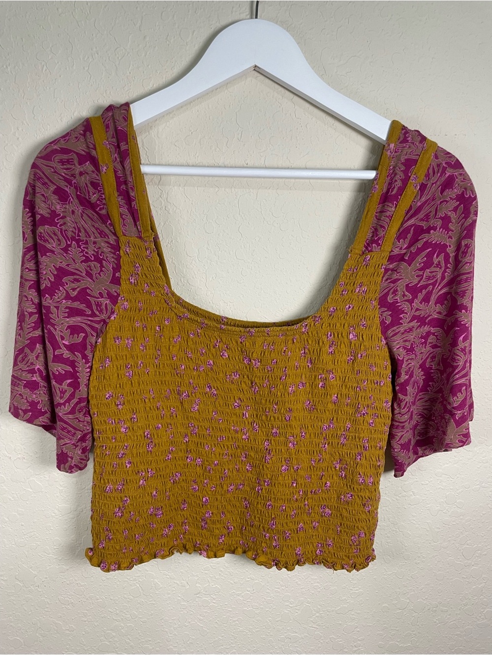 Free People Marrigold Yellow Smocked Crop Tank with Pink Accent Top Blouse M